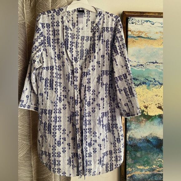 PATAGONIA WOMENS COTTON CASUAL  SHIRT WHITE PURPLE 3/4 SLEEVE SZ 12 - Picture 1 of 12